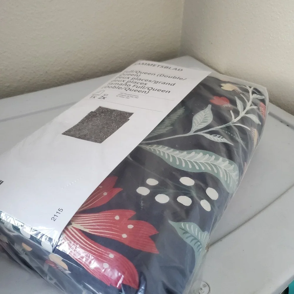 IKEA Sammetsblad QUEEN Full Duvet Cover w Pillowcases SET Black Floral Scandi